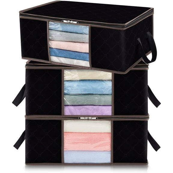 Lifewit Large Clothes Storage Bag, Closet Organizer with Handle Clear Window for Clothes, Blankets, Comforters, Foldable, 3 Pack, Black