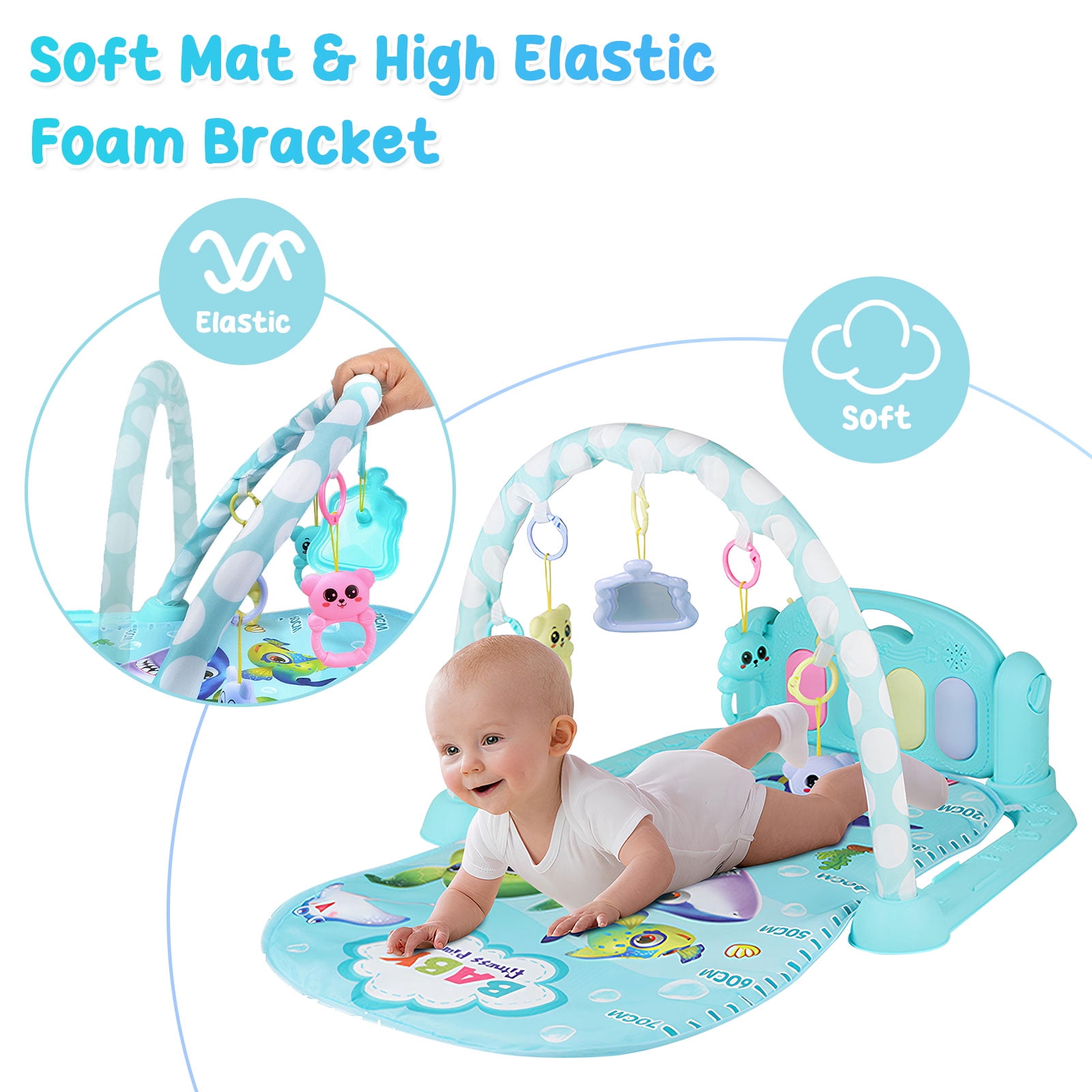 Baby Gym Play Mat 3 in 1 Fitness Music and Lights Fun Piano Activity Mat Infant Newborn Toys(Blue)