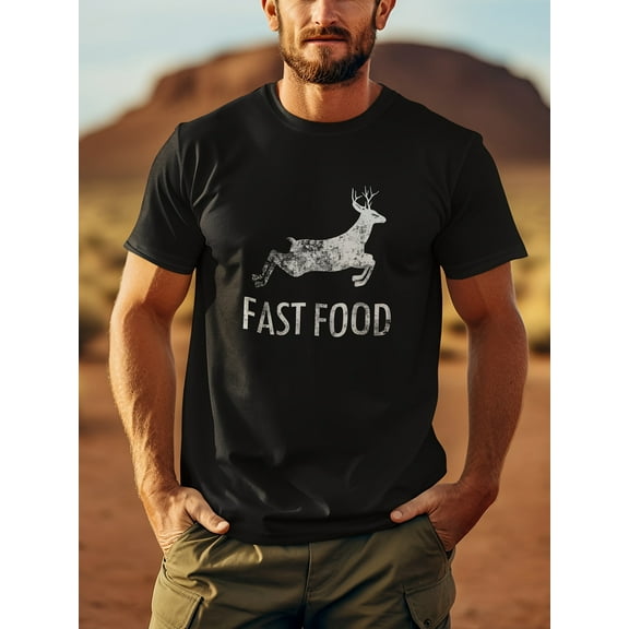 Funny Joke Hunting Shirt - Men's Front Printed Short Sleeve T-Shirt Top - Fast Food Deer - Gifts for Hunters, 1 pc, 100% cotton T-shirt