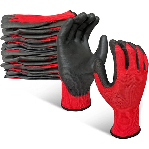 EvridWear 12 Pairs PU Coated Work Gloves Ultra-Thin Anti-Slip Latex-free Safety Glove for Men & Women Light Duty Work,RED L