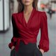 thumbnail image 1 of TaTaai Women’s Casual V Neck Satin Blouse Long Sleeve Tie Strap Loose Fit Solid Color Printless T Shirts Soft Polyester Winter Holiday Wear Gift, 1 of 8