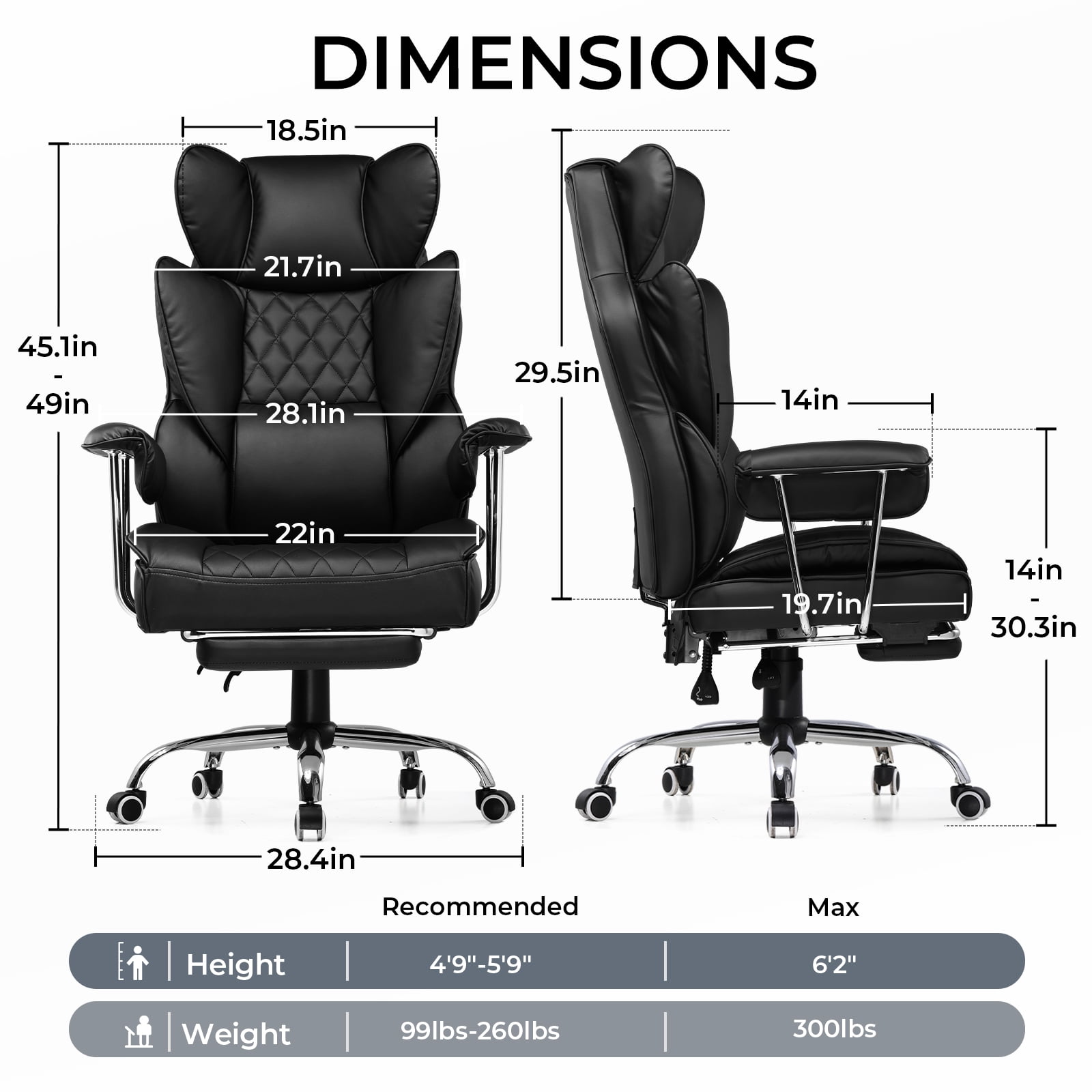 EXRACING Ergonomic Big and Tall PU Leather Gaming Chair with Footrest, Black
