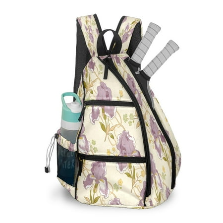 Pickleball Shoulder Bag for Men and Women - Fence Hook - Crossbody Backpack with Water Bottle Holder Purple Flower