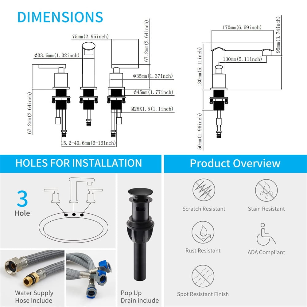 Tcbosik Matte Black 2-Handles Modern Vanity Faucet with Pop Up Drain Assembly and Lead-Free Supply Hose, ,8-Inch 3 Hole Waterfall Bathroom Sink Faucet for Washroom and Kitchen