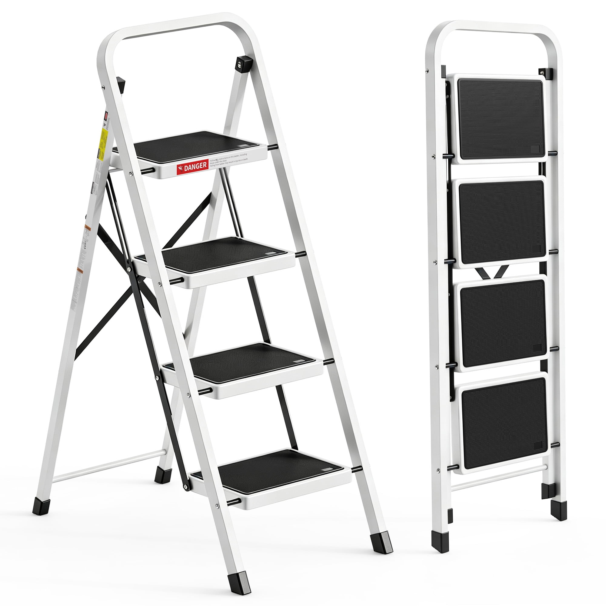 Asoopher 4 Step Folding Ladder with Safety Lock, Anti-Slip Wide Pedals & Handrails, Heavy-Duty Steel Frame, 330 lbs Capacity, Space-Saving Storage for Home, Garage, Garden, Painting, White