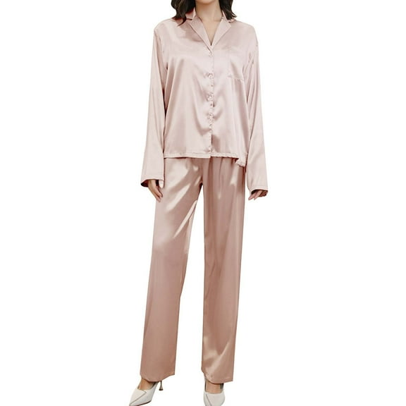 Wangmeiwg Women's Pajama Sets Women's Pajama Set Silk Satin 2 Piece Long Sleeve Button Down Casual Suit With Pants for Comfort and Style XL Brown