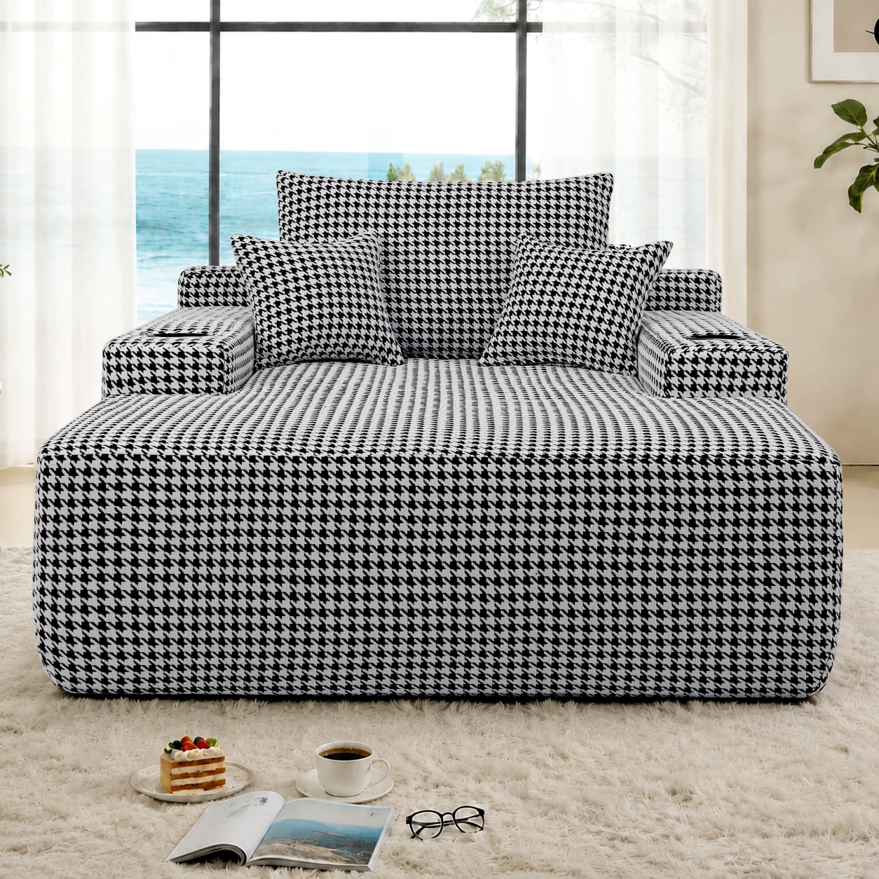 65" Oversized Chaise Lounge Chair with Wide Armrest & Throw Pillows,Corduroy Upholstered Boneless Sleeper Sofa Bed Armchair with Cup Holder for Living Room,No Assembly Required,Black White