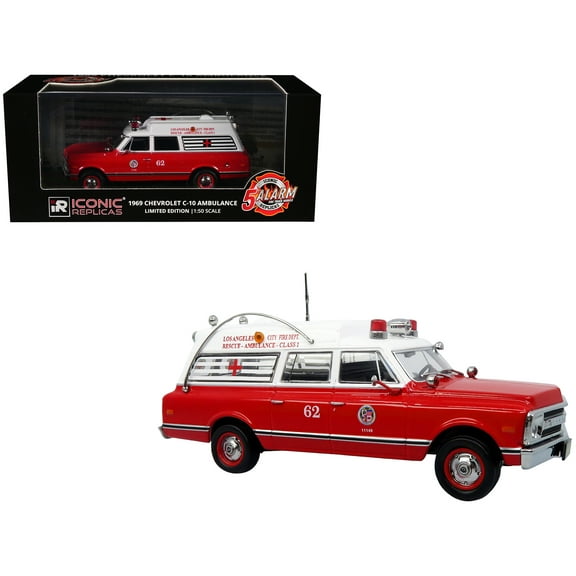 1969 Chevrolet C-10 Ambulance "Los Angeles City Fire Department" Red and White "5 Alarm" 1/50 Diecast Model by Iconic Replicas
