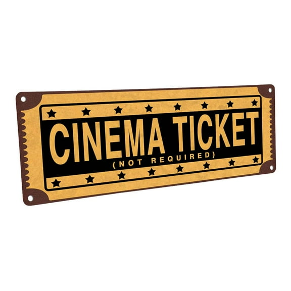 Cinema Ticket Not Required 4"x12" Metal Sign, Wall Décor for Theater and Family Room