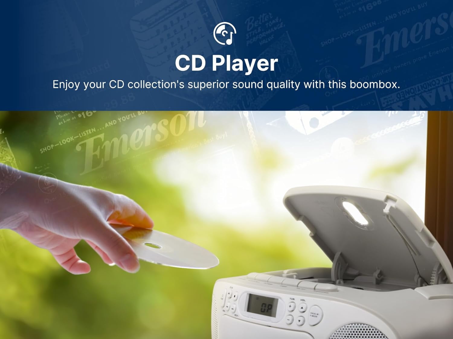 Emerson Portable CD Player Boombox with Cassette Player, AM/FM Radio, Tape Recorder, AUX, Headphone Jack, Dual Speakers, AC/DC & Battery Operated - Stereo System for Home, Indoor & Outdoor Use