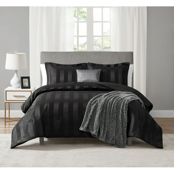 Mainstays Rich Black 5 Piece Damask Stripe Comforter Set, Full/Queen, Adult, Unisex