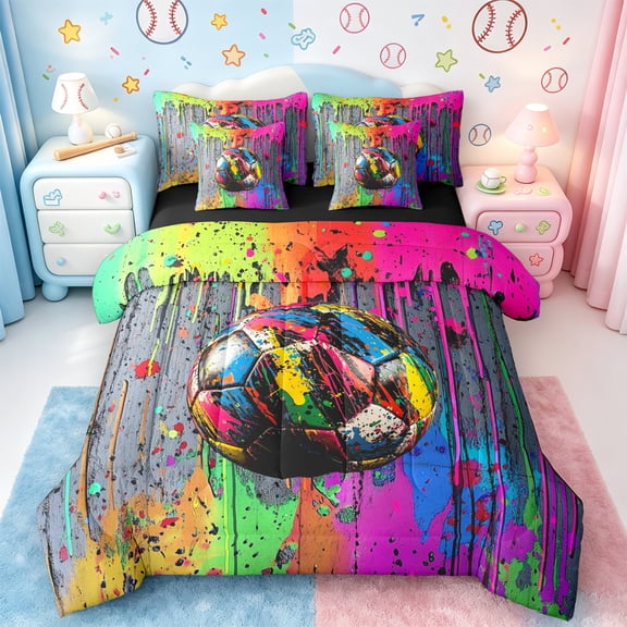 jejeloiu Boy Football Game Twin Bedding Sets 7-Piece,Soceer Sports Theme Bedding Comforter Set,Rainbow Splashing Ink Sheet Sets For Girls Boys,Breathable Home Decor Reversible