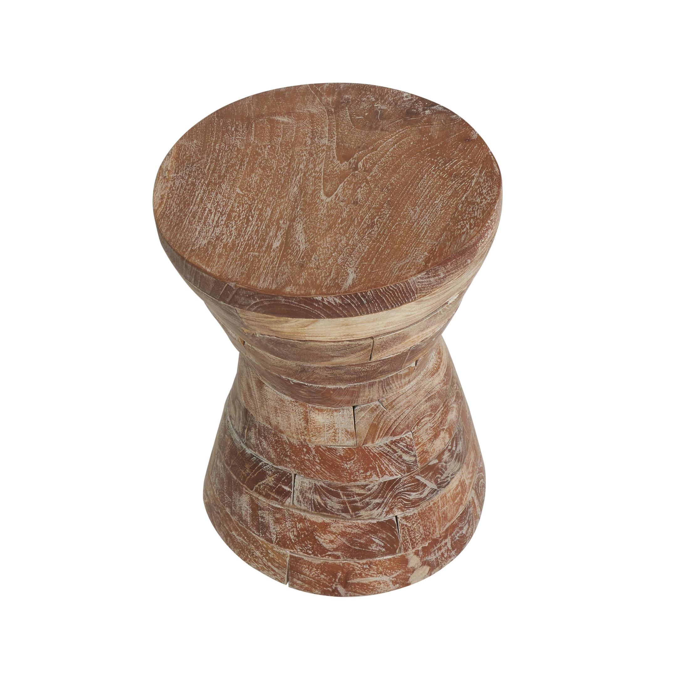DecMode 14" x 19" Brown Teak Wood Handmade Hourglass Geometric Accent Table with Stacked Wood Pieces, 1-Piece