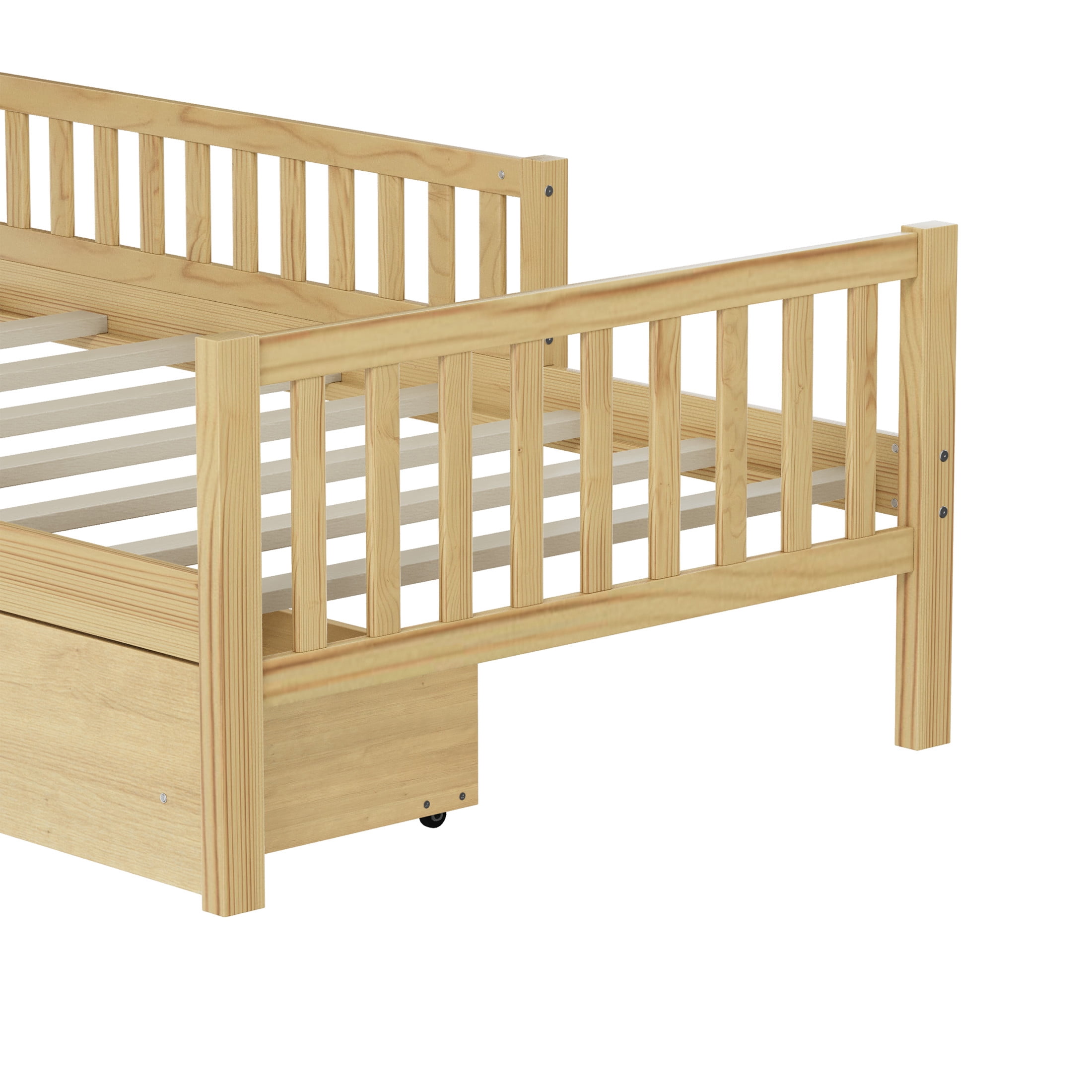 Noble House Twin Size Wood Platform Bed with Guardrails and 2 Storage Drawers, Natural
