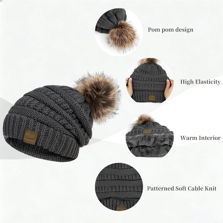 Black Cable Knit Beanie with Pom Pom Adult & Child Winter Hat Set Fur Pom Pom Hat Warm Merino Wool Cable Knit Pompom Hat Black  main image 2
