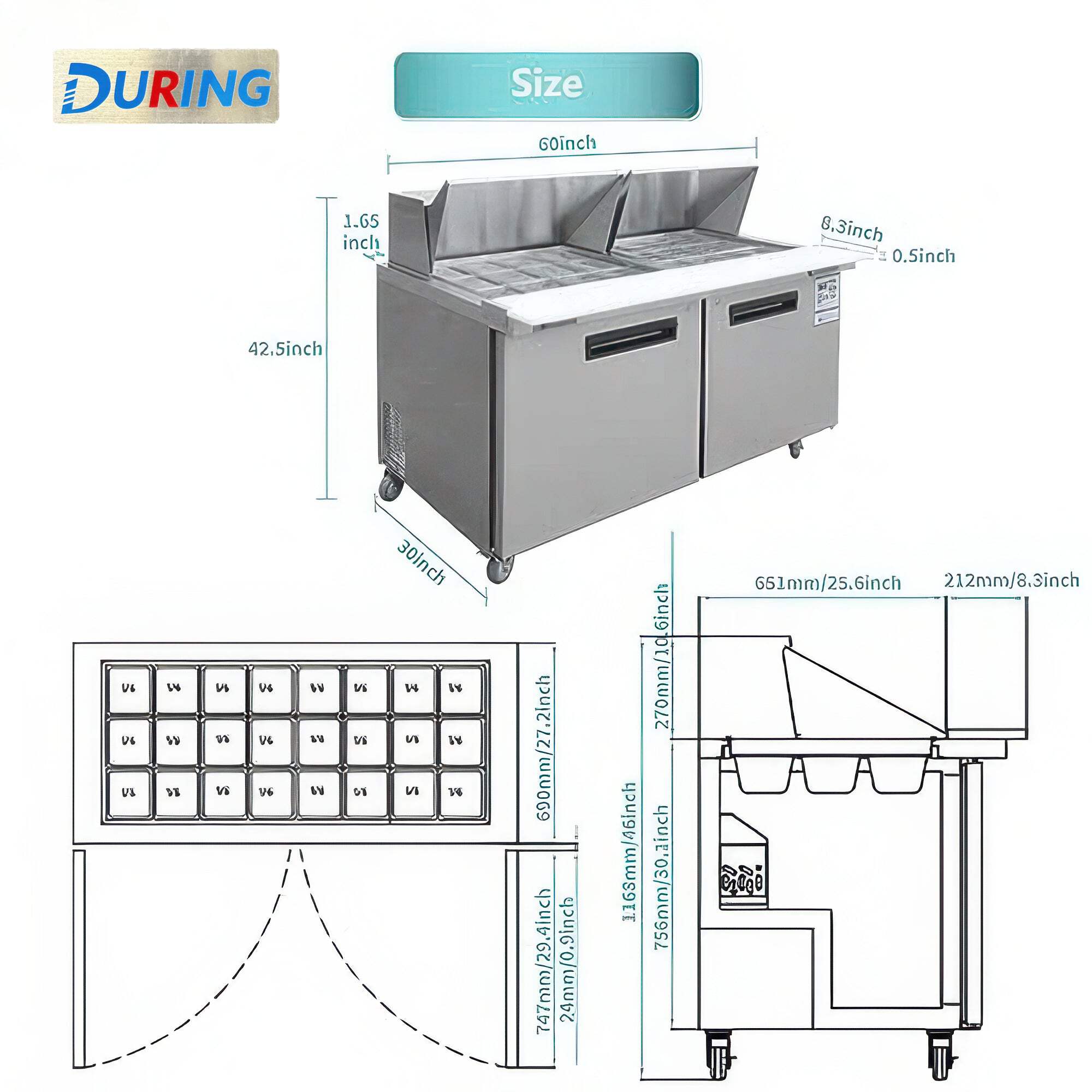 DURING D-KSR-60BM 60" 2 Door Commercial Mega Top Sandwich & Salad Prep Table Refrigerator