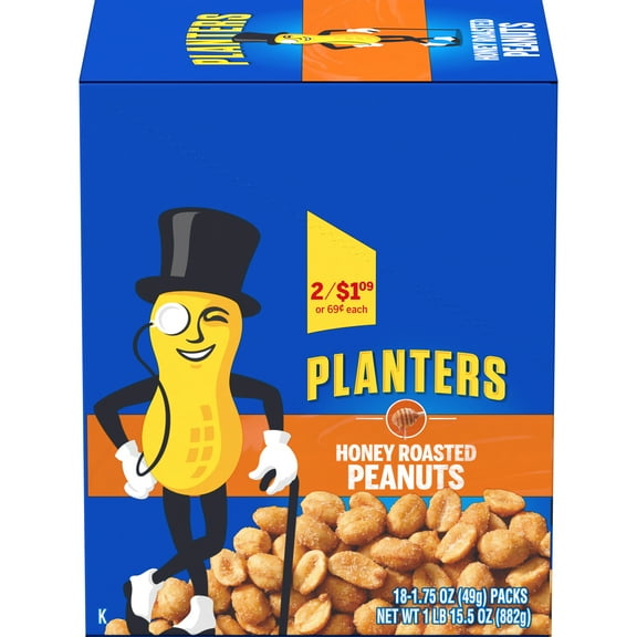 Planters Honey Roasted Peanuts, 18 ct Box, 1.75 oz Packs