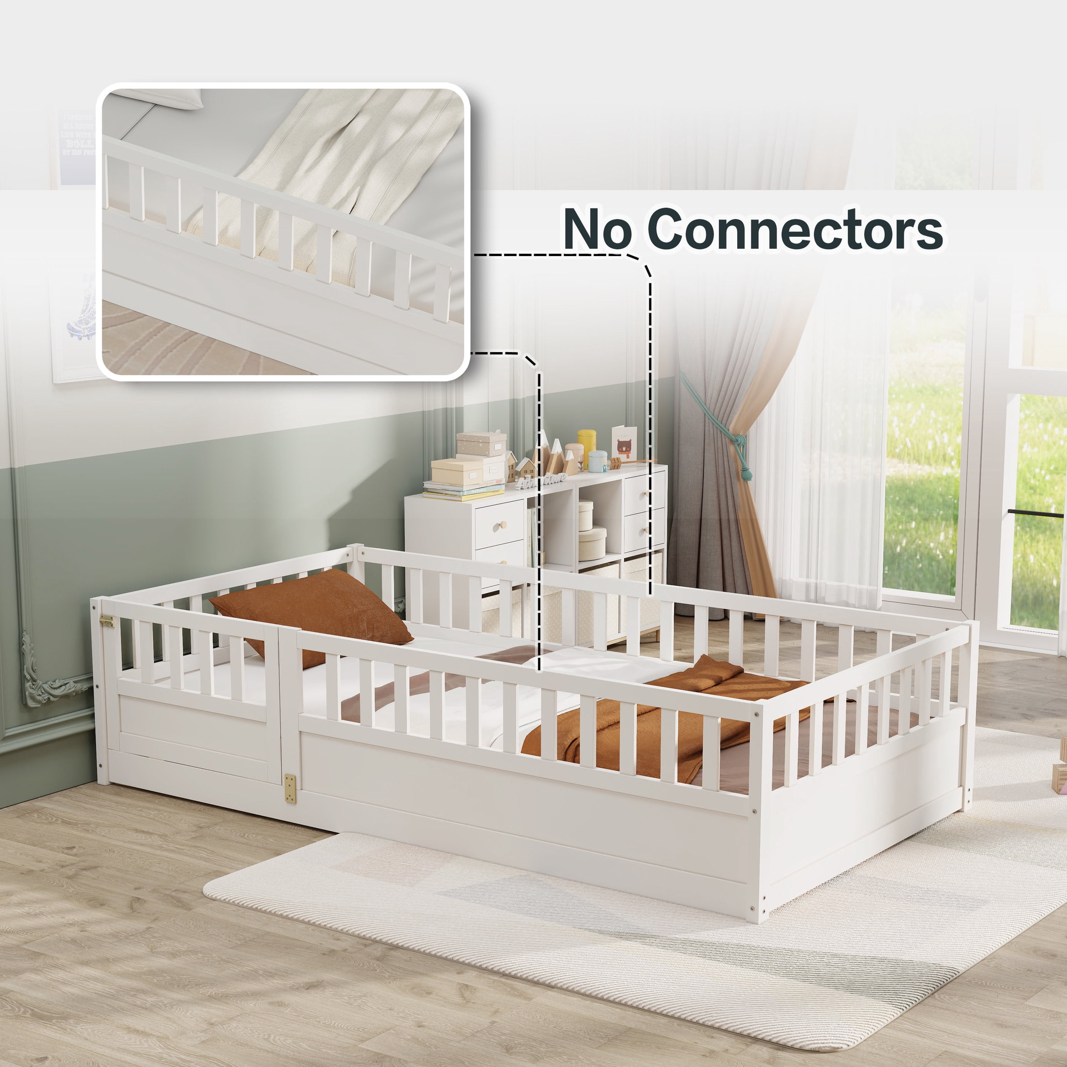Noble House Twin Size Montessori Floor Bed with Safety Guardrails and Door, Wood Kids Bed Frame, White
