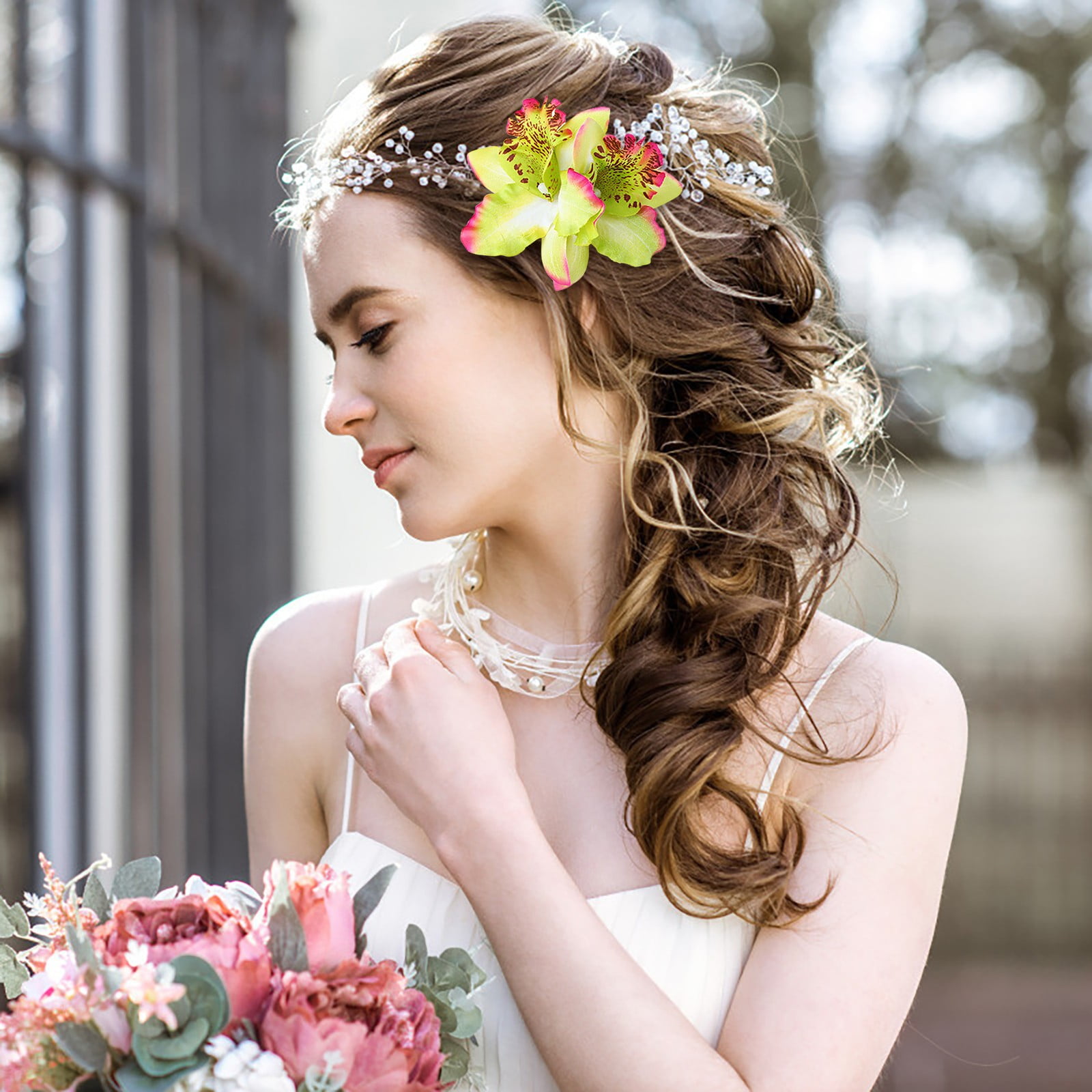 Beige Flowers Elastic Headband Head wrap  Bridal Wedding Party Prom Banquet 