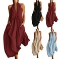 thumbnail image 3 of Womens Halter Neck Deep V Neck Sleeveless Jumpsuit Loose Fit Solid Color Wide Leg Overalls with Pockets for Summer, Size S-2XL, 3 of 4