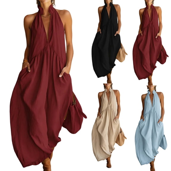 Women's Plunge Halter Sleeveless Pleated Long Romper Knit Jogger Maxi Jumpsuit with Pockets for Summer Beach Vacation Casual Daily Wear Beige L