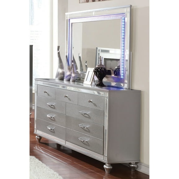 Furniture of America Amana 2-Piece Dresser and Mirror Set, Silver