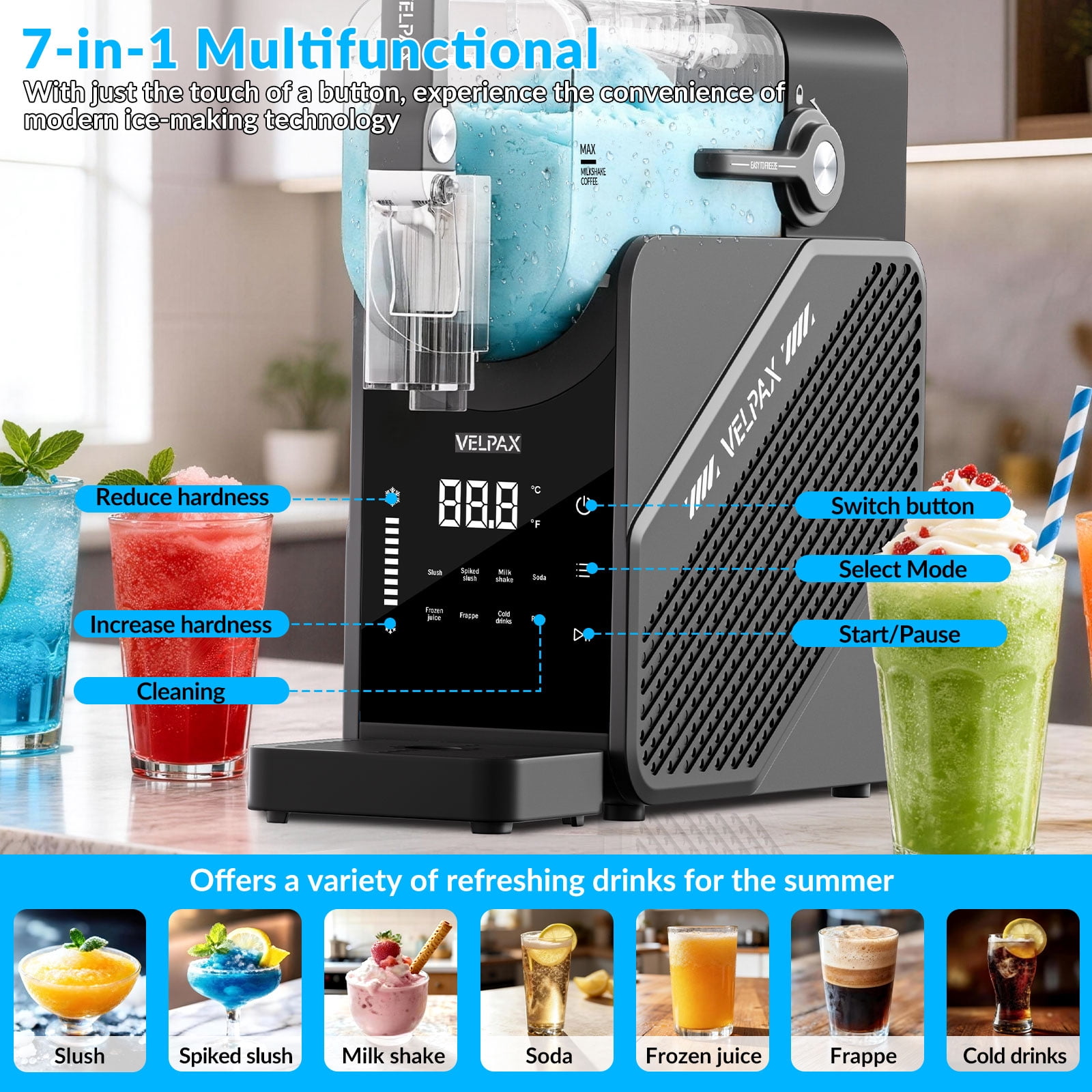 88 oz 7-in-1 Slushie Machine for Home, Professional Frozen Drink Maker with LED Display & Auto-Clean, No Ice Needed, Ideal for Frozen Drinks, Desserts, Family