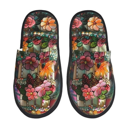 

Fuzoiu Stained Glass Floral Cake Print Unisex Furry Slippers Plush Indoor Shoes Trendy House Slippers Anti-Skid EVA Sole House Shoes for Home Office and Travel -Large