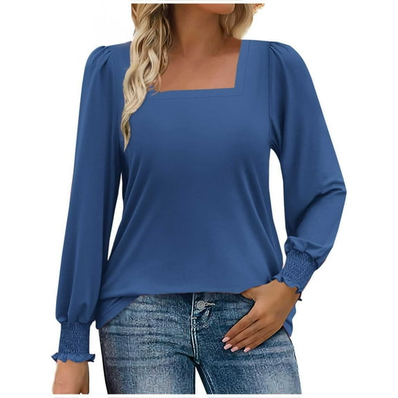Hipattires Womens Tops Long Sleeve Crew Neck Pullover Solid Casual Blue Loose Blouse for Women Fall Winter