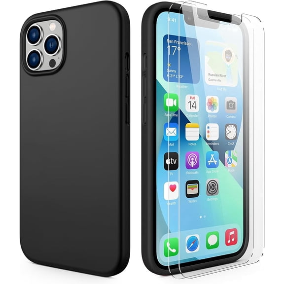 CellEver Heavy-Duty Silicone Case for iPhone 13 Pro Max - Two Shatterproof Glass Screen Protectors, Military Drop Protection, Scratch-Free Interior, Black