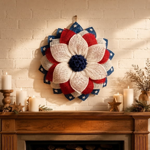 erdimoy 15.7" Patriotic Burlap Flower Wreath, Red White Blue American Flag Style Door Hanger with Pom-Pom Center for 4th of July, Independence Day & Farmhouse Home Decor