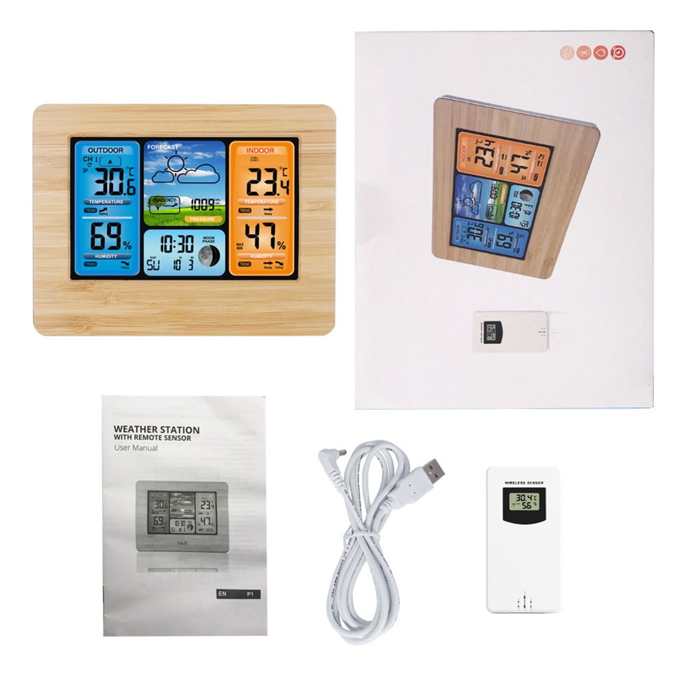 Wireless Weather Station with Outdoor Sensor, Digital Alarm Clock, Temperature Humidity Monitor, Moon Phase Display, 24-Hour Pressure Trend