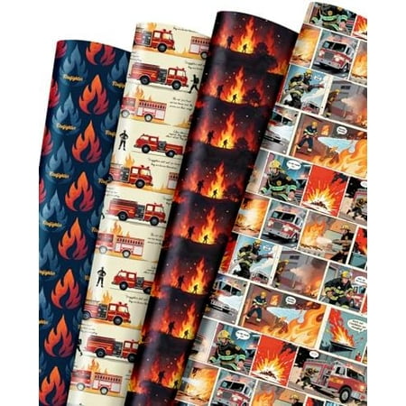 12 Sheets Firefighter Themed Wrapping Paper, Fire Safety Gift Wrap for Firefighter, Folded Flat Art Paper for Birthday Parties, Fireman Theme Favors, Thank You & Appreciation,19.7 x 27.6 Inch