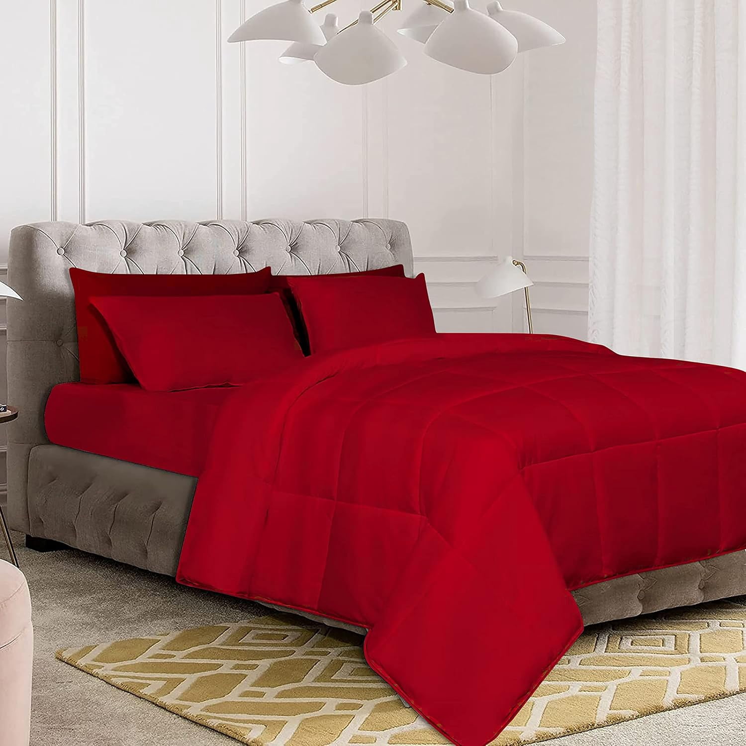 D.N.G. BEDDINGS Deluxe All Seasons Full/Queen Size 800 Thread Count, Solid Blood Red Down Alternative 3 Piece Box Design Comforter Set 100% Egyptian Cotton