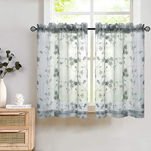 Tier Curtains 36 Inch Length Kitchen Cafe Floral Embroidered Sheer