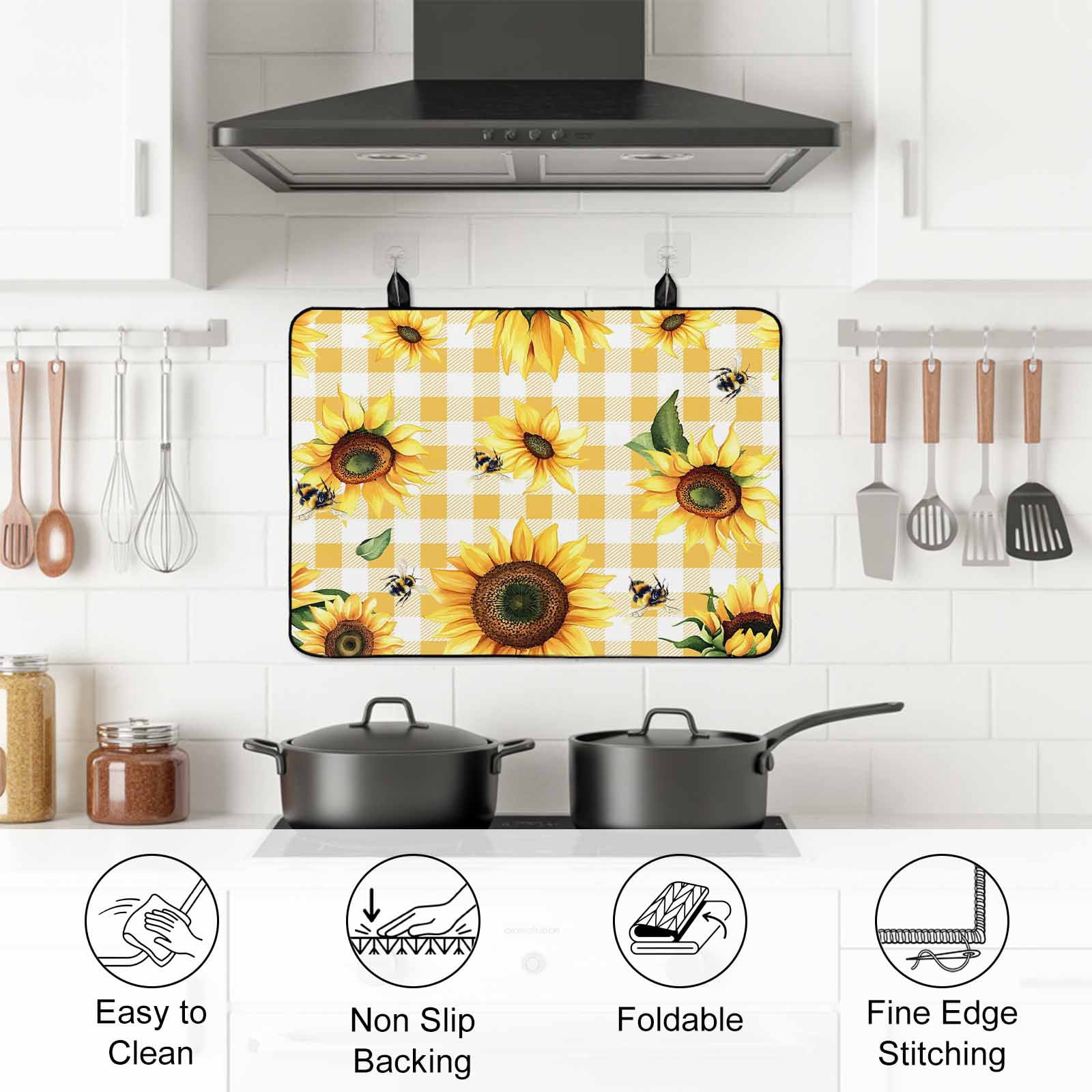 Yellow Sunflower Stove Top Cover for Electric Stove, Heat-proof & Non Slip Glass Top Stove Cover Protector, Vintage Country Bee Plaid Ginger Check Kitchen Flat Cooktop Rubber Mat 31x24 Inches
