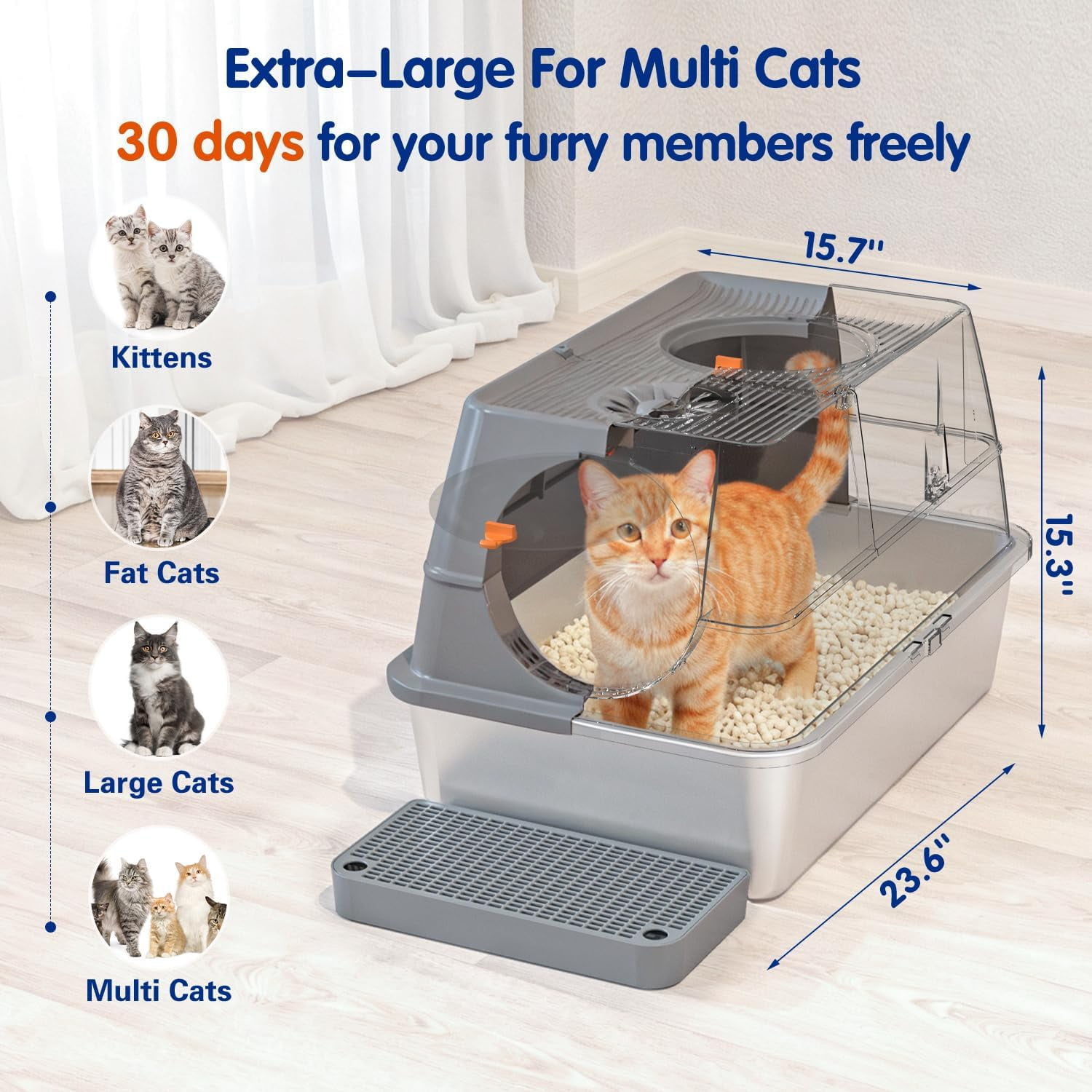 Stainless Steel Litter Box with Lid, XL Extra Large Cat Litter Box Enclosure, Front & Top Entry Covered Metal Cat Box with Steps & Scoop, Easy Cleaning