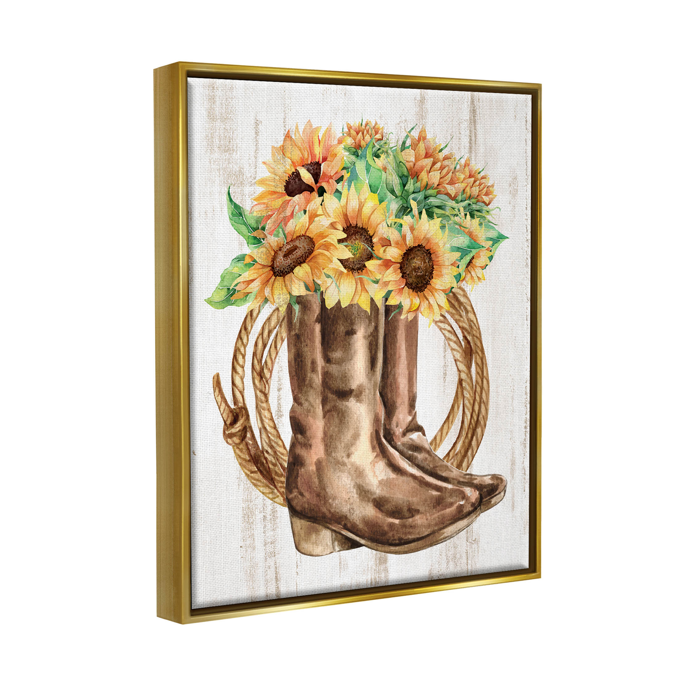 Southern Sunflower Bouquet Boots Botanical & Floral Graphic Art Metallic Gold Framed Art Print Wall Art