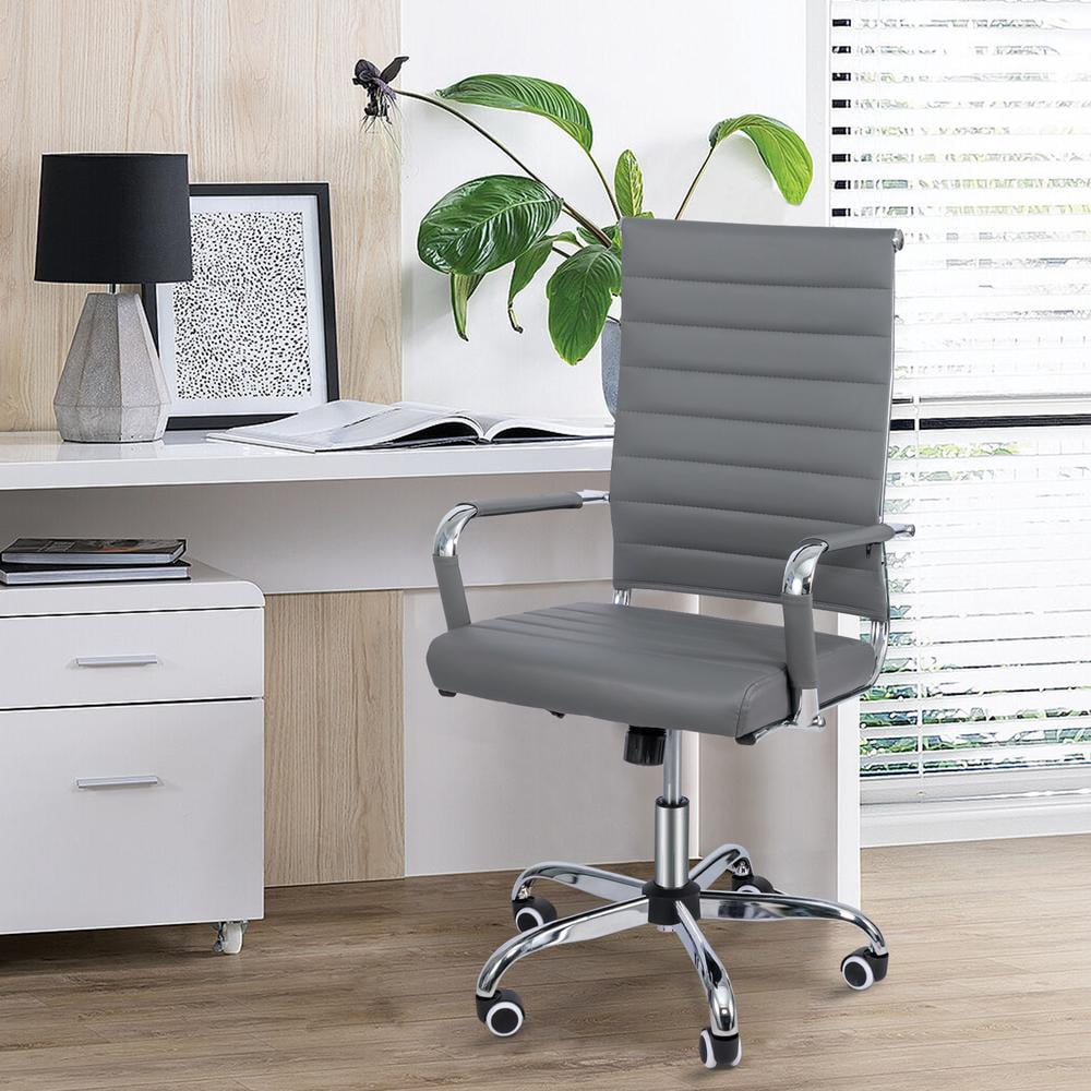 Okeysen Mid-Back Ribbed Home Office Desk Chair Ergonomic Faux Leather Conference Room Swivel Chairs Adult, Gray
