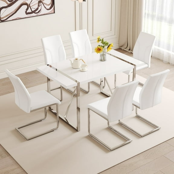 NYEESS 55 inch White MDF Dining Table Set with 6 PU Leather Chairs, Modern Dining Room Furniture