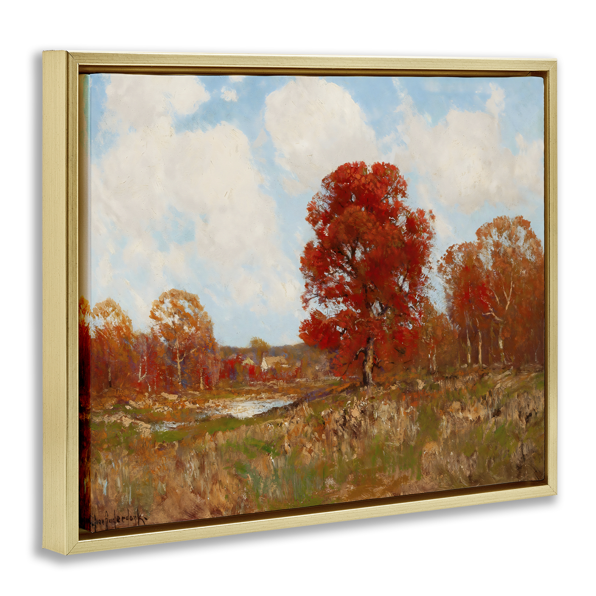 Fall Landscape with Red Foliage Gold Framed Floater Canvas Wall Art, design by Arlington Prints