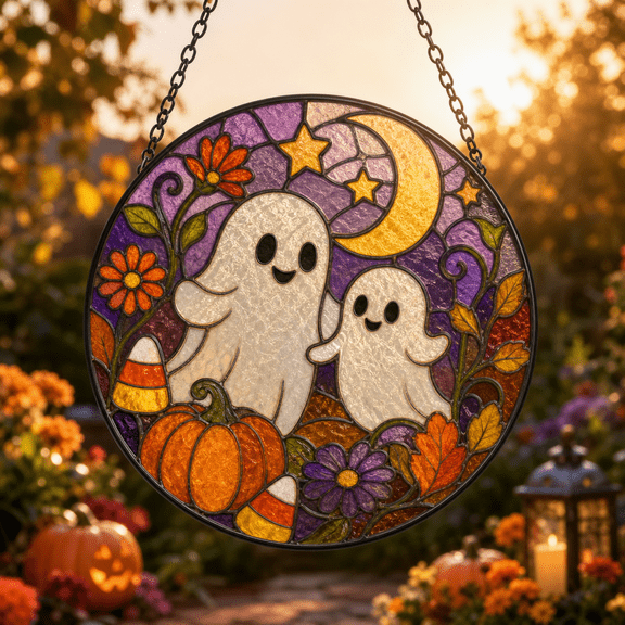 Ghost Suncatcher Stained Glass Window Hanging Cute Halloween Decor Gift