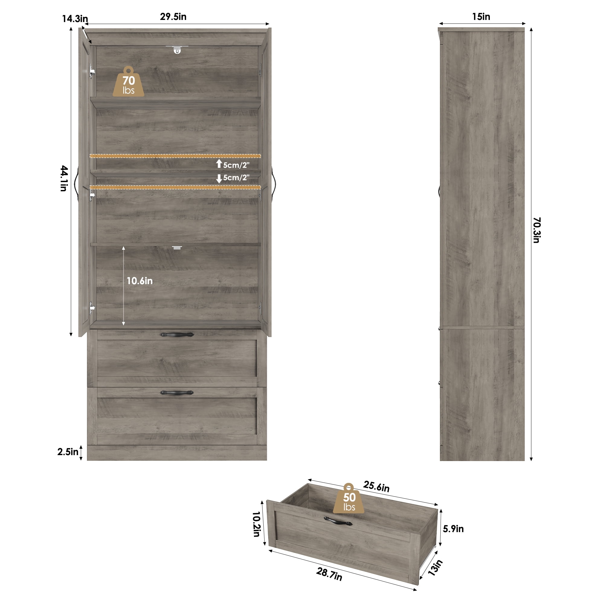 Homfa 70'' Tall Kitchen Pantry with Shelf & Drawer, Farmhouse 2 Door Pantry Storage Cabinet for Dining Room Living Room, Wash Gray