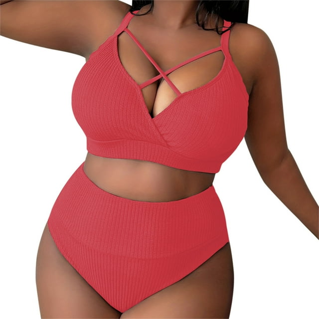 PEASKJP Maillot de Bain 2 Pcs pour Femmes, Bikini Uni à Volants, Ensemble de Bain, Rouge Pastèque TTTG