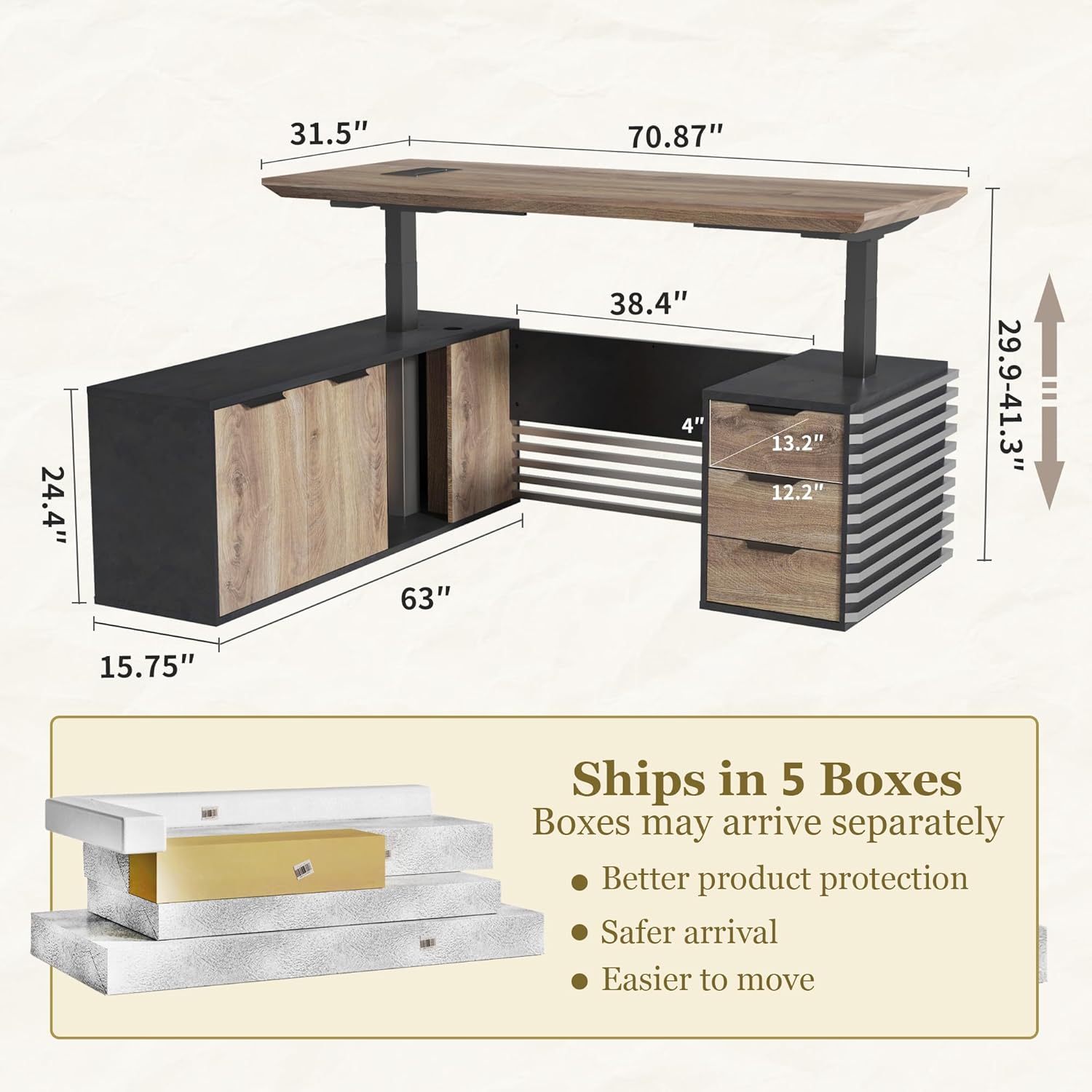 70.87" Adjustable Heigh L Shaped Executive Desk with Drawers Cabinets Universal Charging Ports(Left Return)