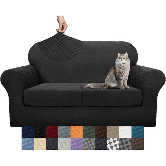 Latest Checkered 3 Pieces Couch Covers for 2 Cushion Couch High Stretch Thickened Love Seat Sofa Cover for Dogs Pets Anti Slip Elastic Loveseat Slipcover Protector (Loveseat, Black)