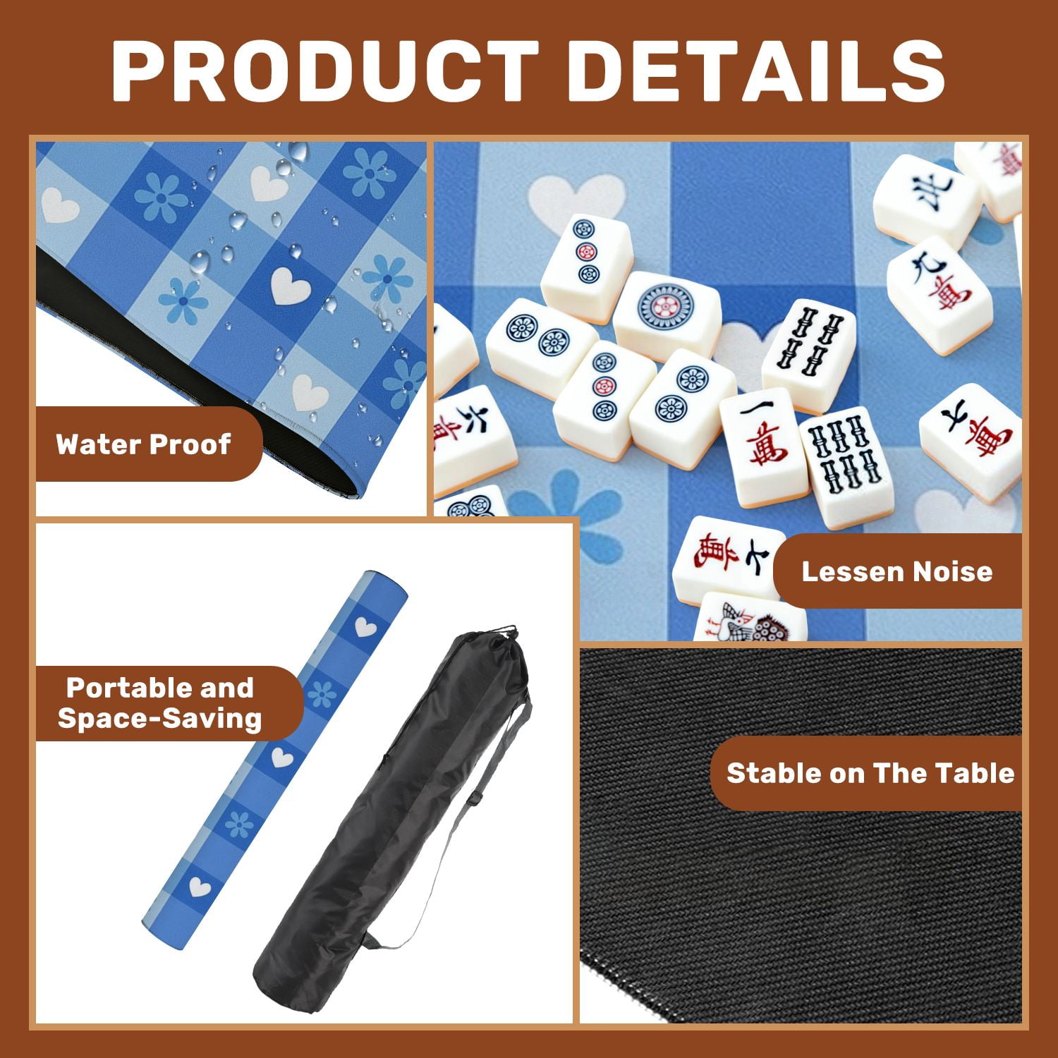 Mahjong Mat 31.5" x 31.5" Blue Heart Flower Soft Checkered Design Non-Slip Noise Reduction American Mahjong Tiles Table Cover for Dominoes Poker Card Board Games Gift