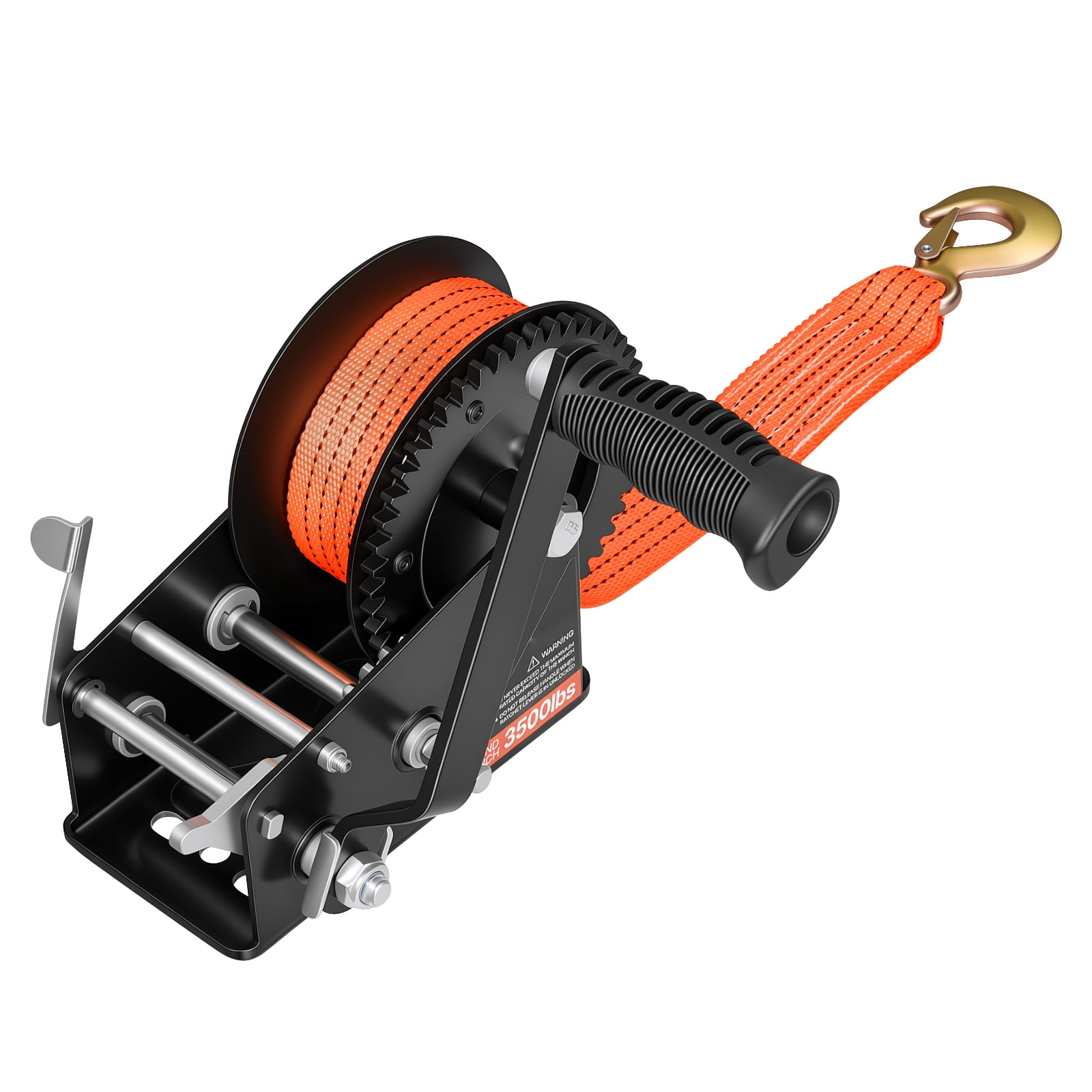 KFFKFF 3500 lbs Manual Boat Winch with 20ft Orange Polyester Strap, Two-Way Ratchet, 2-Speed Switch, and Anti-Slip Handle for Trailer and ATV Towing