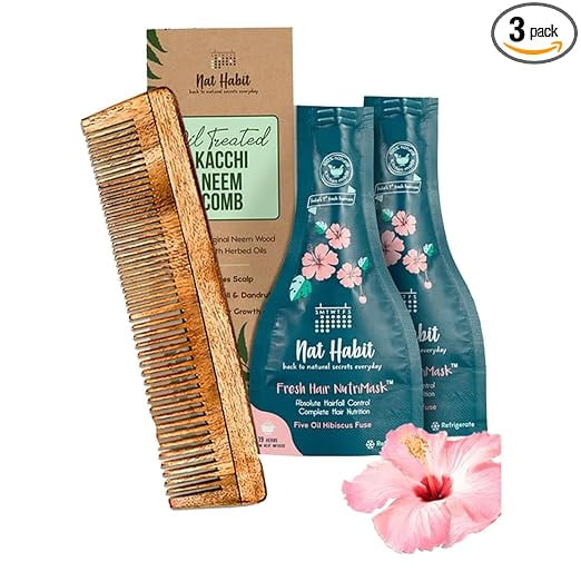 Nat Habit - Back to Natural Secrets Everyday Dual Tooth Wooden Kacchi Neem Comb & Hibiscus Hair NutriMask for Growth, Hairfall Control & Smoothening (Combo Pack of 3)