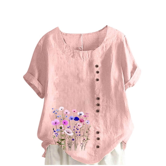 Pisexur Hauts en Coton et Lin Grande Taille pour Femmes, Décontractés, Été, Boho, Mode, Coupe Ample, Col Rond, Manches Courtes, T-Shirts Floraux pour Femmes P-5TG Rose